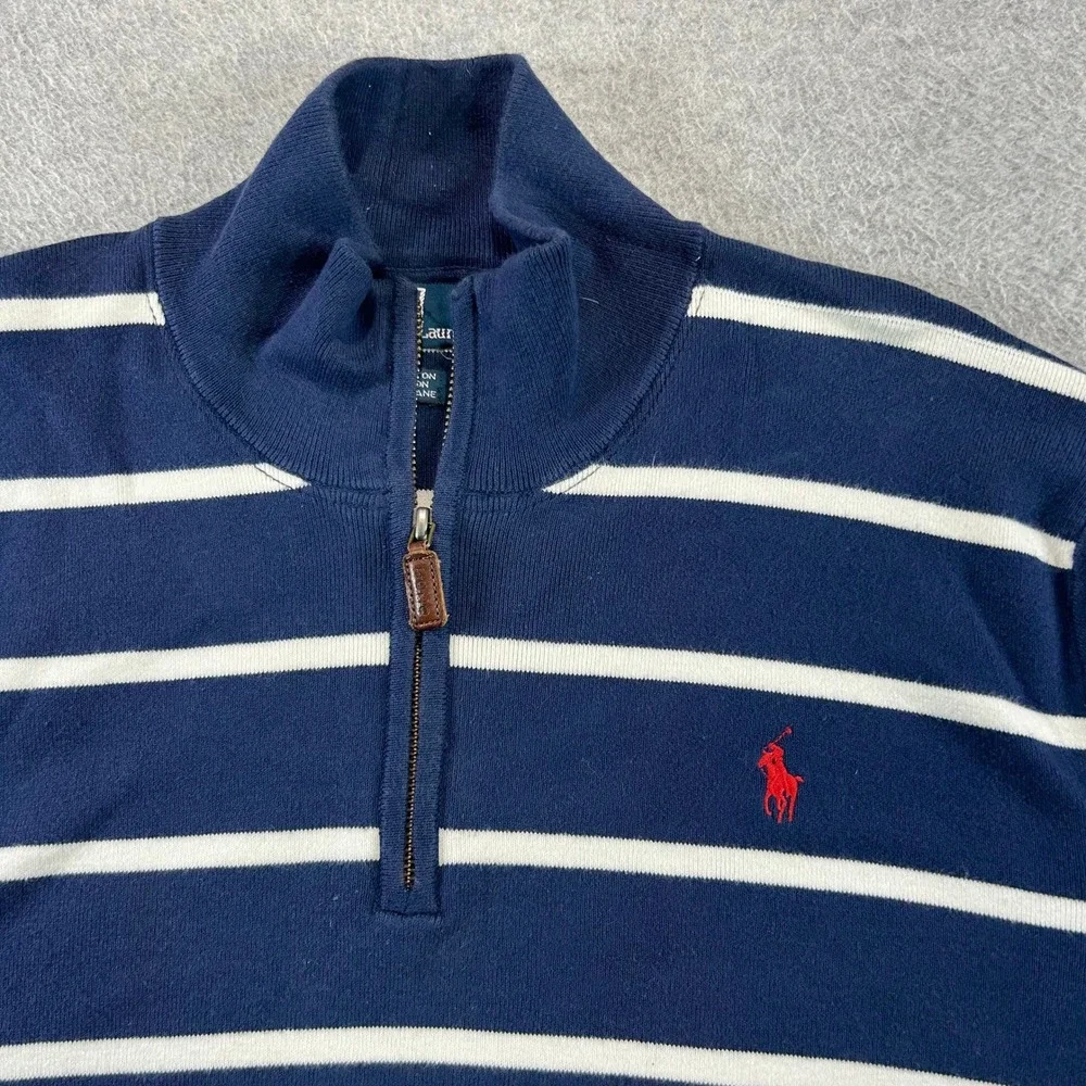Polo Ralph Lauren Quarter Zip Pullover Mens XL Navy White Stripe Cotton Blend